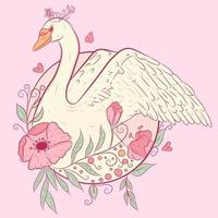 bruiloft en baby shower sjabloon met een zwaan omringd door planten, bloemen en bladeren. zomerillustratie van een vogel en een tuin met roze en pastelkleuren. vliegend dier voor plakboeken. vector