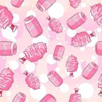 kawaii naadloos patroon met frisdrankblikjes en suikerspin. roze girly repetitieve achtergrond met zomerfestival lekkernijen en dranken. schattige vectorkunst met straatvoedsel vector