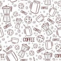 naadloos patroon met cafetaria bruine elementen. repetitieve achtergrond met koffiebonen, drank, koude frappe en chocoladeschilferkoekjes. vectorillustratie voor restaurants en winkels. vector