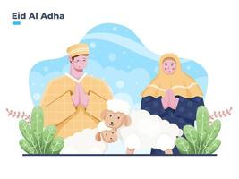 moslim persoon paar groet gelukkige eid al adha platte vectorillustratie. eid al adha islamitische offertraditie. kan worden gebruikt voor wenskaart, briefkaart, uitnodiging, banner, web. vector