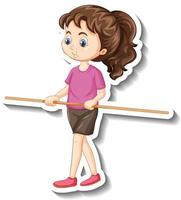 stripfiguursticker met een meisje dat een houten stok vasthoudt vector