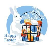 een wit konijn zit in de buurt mand van Pasen eieren. Pasen viering ansichtkaart. vector vlak illustratie