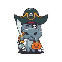 piraten nijlpaard in halloween dag. schattig halloween tekenfilm illustratie. vector