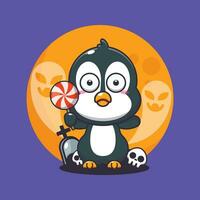 schattig pinguïn bang door geest in halloween dag. schattig halloween tekenfilm illustratie. vector