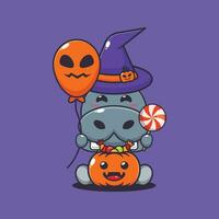 heks nijlpaard Holding halloween ballon en snoep. schattig halloween tekenfilm illustratie. vector