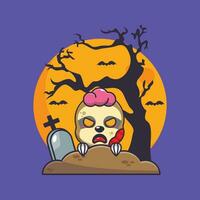 zombie luiaard stijgen van begraafplaats in halloween dag. schattig halloween tekenfilm illustratie. vector