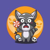 schattig wasbeer bang door geest in halloween dag. schattig halloween tekenfilm illustratie. vector