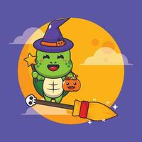 heks schildpad vlieg met bezem in halloween nacht. schattig halloween tekenfilm illustratie. vector