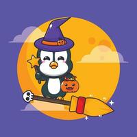 heks pinguïn vlieg met bezem in halloween nacht. schattig halloween tekenfilm illustratie. vector