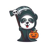 grimmig maaimachine panda Holding zeis en halloween pompoen. schattig halloween tekenfilm illustratie. vector