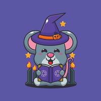 heks muis lezing spellen boek. schattig halloween tekenfilm illustratie. vector