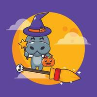 heks nijlpaard vlieg met bezem in halloween nacht. schattig halloween tekenfilm illustratie. vector