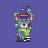 heks muis maken toverdrank in halloween dag. schattig halloween tekenfilm illustratie. vector