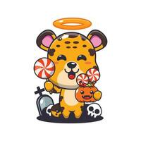 schattig engel luipaard Holding snoep in halloween dag. schattig halloween tekenfilm illustratie. vector