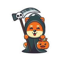 grimmig maaimachine shiba inu Holding zeis en halloween pompoen. schattig halloween tekenfilm illustratie. vector