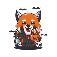 vampier rood panda Holding halloween pompoen. schattig halloween tekenfilm illustratie. vector