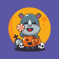 neushoorn met halloween pompoen kostuum. schattig halloween tekenfilm illustratie. vector