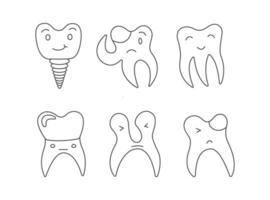 mondeling hygiëne concept. schattig tekening tanden tekens met cariës, implantaat, tand kroon. tandheelkundig zorg en behandeling. concept voor kind tandheelkunde. tanden schoonmaak en preventie. vector