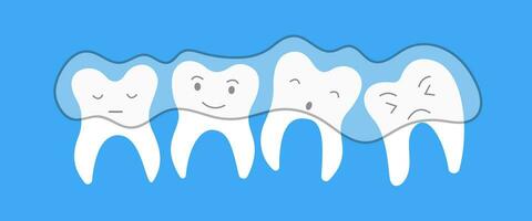 vlak schattig haveloos tanden met Doorzichtig uitlijners. tandheelkundig orthodontisch behandeling. mondeling hygiëne concept voor kinderen voor pediatrisch tandheelkunde. tanden schoonmaak en preventie. vector hand- trek illustratie.