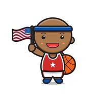 schattige basketbalspeler met vlag viert amerika onafhankelijkheidsdag cartoon pictogram vectorillustratie vector