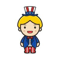 schattige jongen die oom sam-kostuum draagt, viert amerika onafhankelijkheidsdag cartoon pictogram vectorillustratie vector