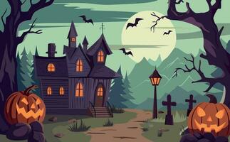 halloween achtergrond met achtervolgd huis, vol maan en pompoen lantaarns. vakantie banier ontwerp. vector illustratie