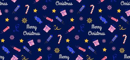 Kerstmis naadloos achtergrond met tekst. voetzoeker, snoep riet, sneeuwvlokken, sterren en andere feestelijk Kerstmis elementen. vector achtergrond in vlak stijl. voor het drukken Aan omhulsel papier, textiel.