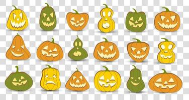 halloween pompoen lantaarn vector 18 pictogrammen set, emotie variatie. gemakkelijk vlak stijl ontwerp elementen. reeks van silhouet spookachtig verschrikking afbeeldingen van pompoenen. eng jack-o-lantern gelaats uitdrukkingen