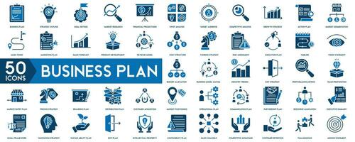 bedrijf plan icoon set. banier plan concept. met planning, schema, strategie, analyse, taken, doel. actie plan banier web icoon vector