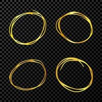hand- getrokken kattebelletje cirkels. reeks van vier goud tekening ronde circulaire ontwerp elementen Aan donker achtergrond. vector illustratie