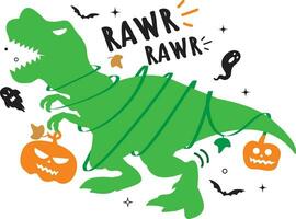 schattig groen dinosaurus t rex Holding een pompoen en brullen voor halloween feest. omringd door wijnstokken, vleermuizen, en sterren. vector illustrator.