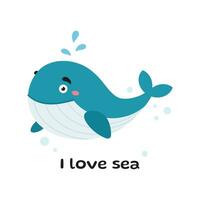schattig tekenfilm walvis. ansichtkaart met blauw walvis en tekst. vector illustratie van walvis. zee dier, zee schepsel. kinderen illustratie in tekenfilm stijl. vlak ontwerp. onderwater- leven.