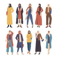 verzameling van elegant Dames gekleed in modieus kleren en modern hijaab. reeks van modieus moslim meisjes kleding vector