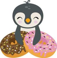 grappig pinguïn met aardbei en chocola donuts vector