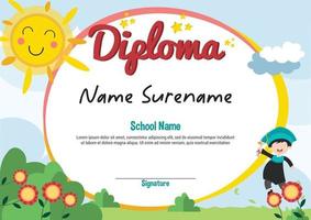 school- en voorschoolse diplomasjabloon certificaat en onderscheidingen voor kinderen belonen apretiatie met een gelukkig klein schoolkindkarakter vector