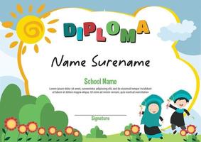 school- en voorschoolse diplomasjabloon certificaat en onderscheidingen voor kinderen belonen apretiatie met vrolijke kleine schoolkinderen springen vector