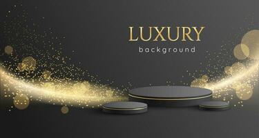 luxe vector achtergrond met 3d podium, gouden gloed, sparkles en sterren. ansichtkaart, web banier, groet, uitnodigend premie achtergrond.