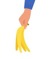 hand- Holding banaan Pel. hand- gooit banaan in uitschot kan. biologisch afval. uitschot sorteren, recyclen. vector illustratie.