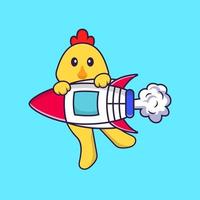 schattige kip vliegen op raket. dierlijk beeldverhaalconcept geïsoleerd. kan worden gebruikt voor t-shirt, wenskaart, uitnodigingskaart of mascotte. platte cartoonstijl vector