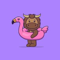 leuke stier met flamingoboei. dierlijk beeldverhaalconcept geïsoleerd. kan worden gebruikt voor t-shirt, wenskaart, uitnodigingskaart of mascotte. platte cartoonstijl vector