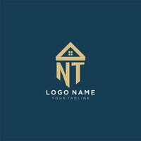 eerste brief nt met gemakkelijk huis dak creatief logo ontwerp voor echt landgoed bedrijf vector