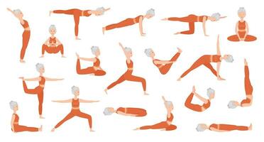 reeks van poses ouderen vrouw yoga. yoga asana. vol lichaam yoga training. gezond levensstijl. vlak tekenfilm karakter. vector illustratie