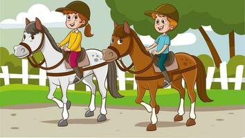 te paard rijden kinderen in de park. tekenfilm vector illustratie.