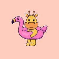 schattige giraf met flamingoboei. dierlijk beeldverhaalconcept geïsoleerd. kan worden gebruikt voor t-shirt, wenskaart, uitnodigingskaart of mascotte. platte cartoonstijl vector