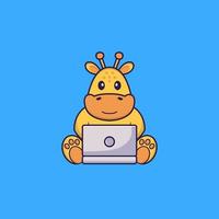 schattige giraf met behulp van laptop. dierlijk beeldverhaalconcept geïsoleerd. kan worden gebruikt voor t-shirt, wenskaart, uitnodigingskaart of mascotte. platte cartoonstijl vector