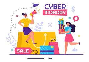 cyber maandag evenement vector illustratie met super uitverkoop en groot korting aankopen goederen in papier Tassen voor promoties in vlak tekenfilm achtergrond