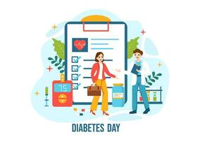 wereld diabetes dag vector illustratie Aan 14 november met artsen testen bloed voor glucose en meten suiker in vlak tekenfilm achtergrond ontwerp