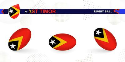 rugby bal reeks met de vlag van oosten- Timor in divers hoeken Aan abstract achtergrond. vector