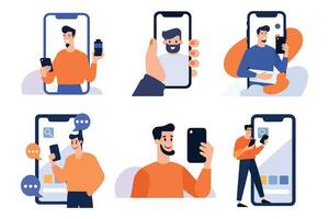 hand- getrokken zakenman met smartphone in online afzet concept in vlak stijl vector