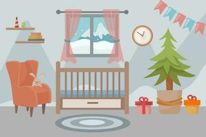 kinderen kamer versierd voor Kerstmis en nieuw jaar. kinderen slaapkamer met een wieg, Kerstmis boom, boeken, fauteuil, geschenken. venster met een mooi winter visie. interieur concept. vector illustratie